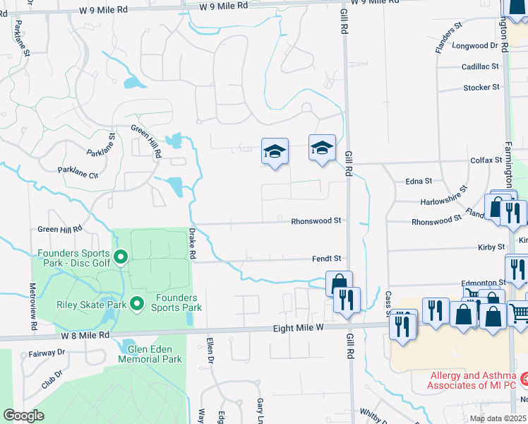 map of restaurants, bars, coffee shops, grocery stores, and more near 34740 Rhonswood Street in Farmington Hills