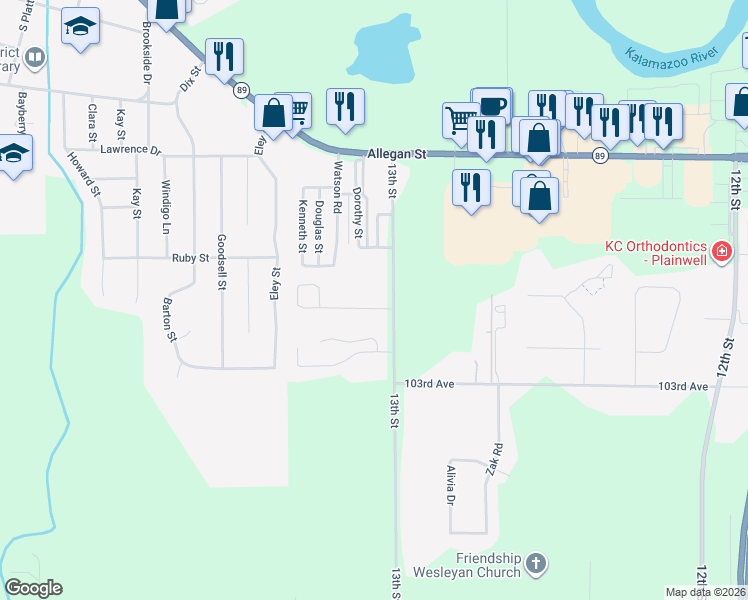 map of restaurants, bars, coffee shops, grocery stores, and more near 1363 Hazelwood Drive in Plainwell