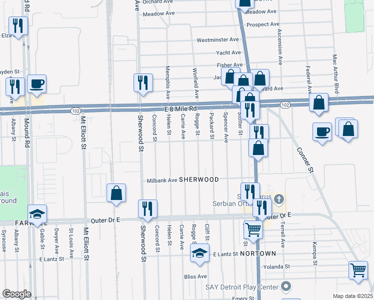 map of restaurants, bars, coffee shops, grocery stores, and more near 20230 Carrie Street in Detroit