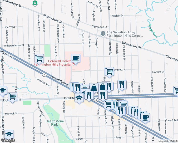 map of restaurants, bars, coffee shops, grocery stores, and more near 21054 Saint Francis in Farmington Hills