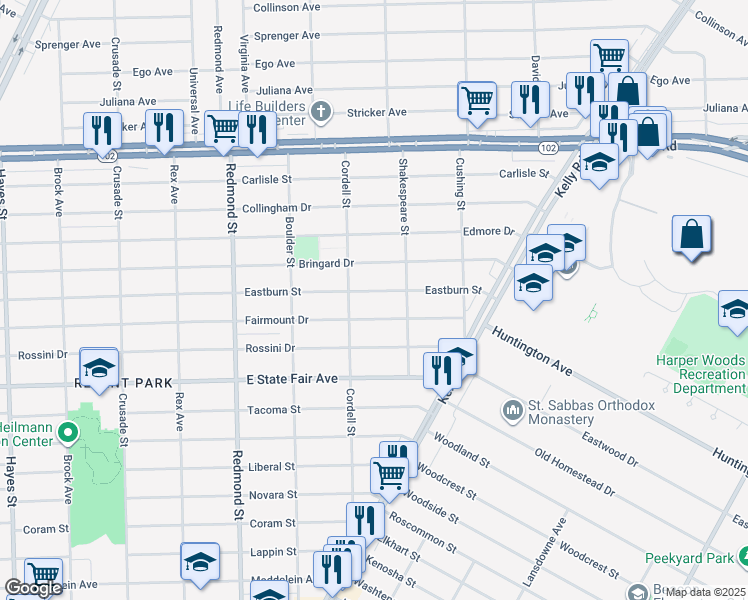 map of restaurants, bars, coffee shops, grocery stores, and more near 16452 Eastburn Street in Detroit