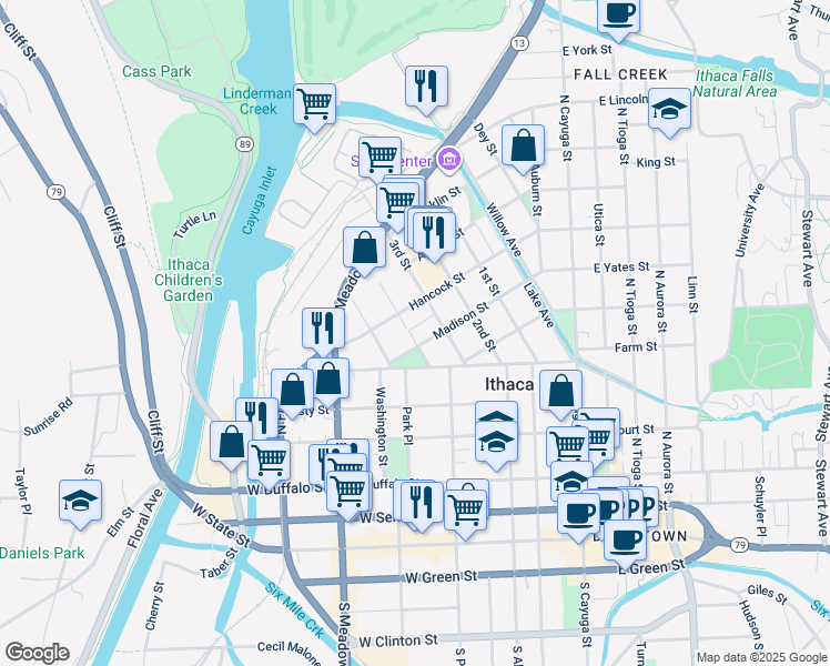 map of restaurants, bars, coffee shops, grocery stores, and more near 209 4th Street in Ithaca