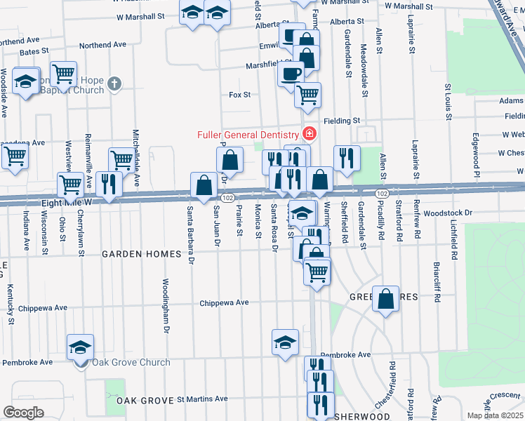 map of restaurants, bars, coffee shops, grocery stores, and more near 20524 Monica Street in Detroit
