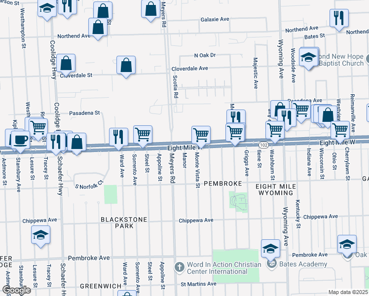 map of restaurants, bars, coffee shops, grocery stores, and more near 8 Mile Rd W & Manor St in Detroit