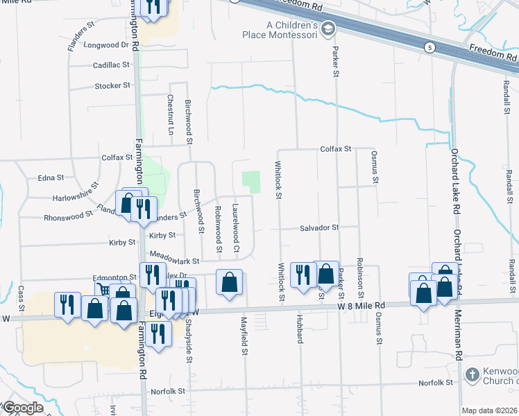 map of restaurants, bars, coffee shops, grocery stores, and more near 21120 Meadowlark Street in Farmington