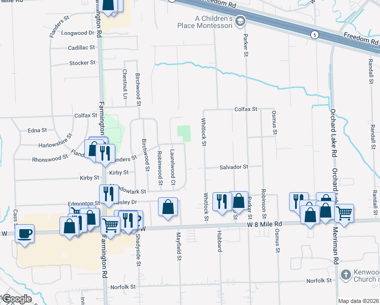 map of restaurants, bars, coffee shops, grocery stores, and more near 21120 Meadowlark St in Farmington