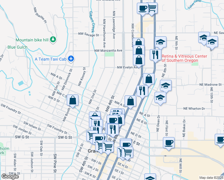 map of restaurants, bars, coffee shops, grocery stores, and more near 724 Northwest 4th Street in Grants Pass