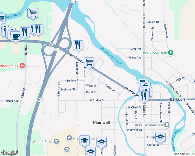 map of restaurants, bars, coffee shops, grocery stores, and more near 201 Cottage Street in Plainwell