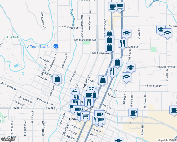map of restaurants, bars, coffee shops, grocery stores, and more near 724 Northwest 4th Street in Grants Pass