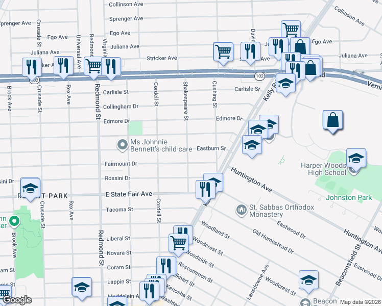 map of restaurants, bars, coffee shops, grocery stores, and more near 16604 Eastburn Street in Detroit
