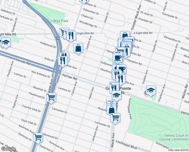 map of restaurants, bars, coffee shops, grocery stores, and more near 2127 Anita Avenue in Grosse Pointe Woods