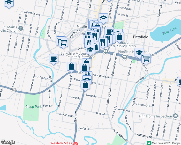 map of restaurants, bars, coffee shops, grocery stores, and more near 139 South Street in Pittsfield