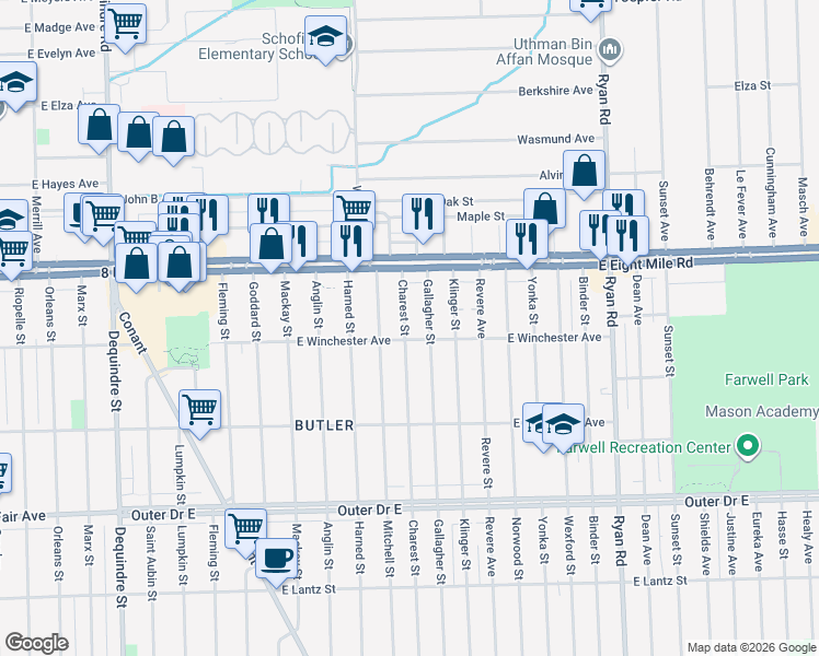 map of restaurants, bars, coffee shops, grocery stores, and more near 20418 Charest Street in Detroit