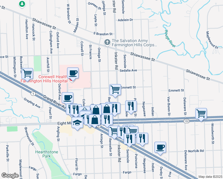 map of restaurants, bars, coffee shops, grocery stores, and more near 21055 Inkster Road in Farmington Hills