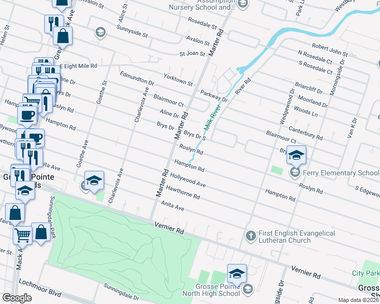 map of restaurants, bars, coffee shops, grocery stores, and more near 1205 Roslyn Road in Grosse Pointe Woods