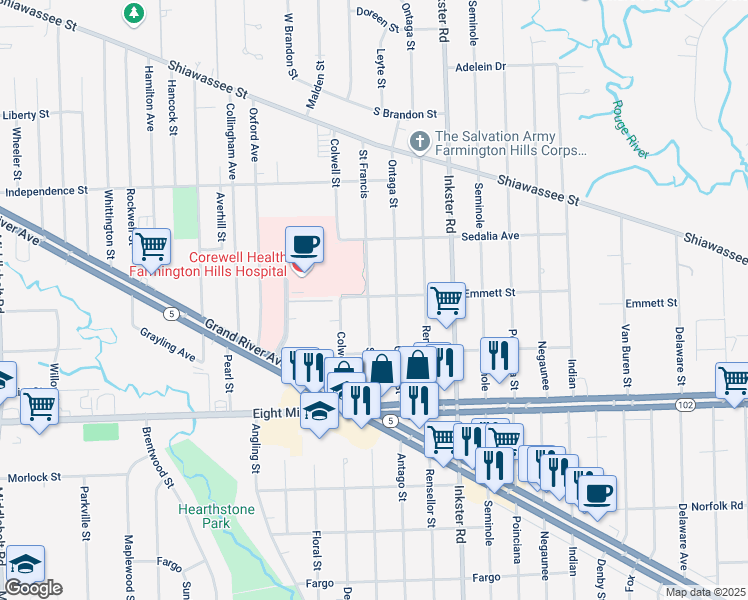 map of restaurants, bars, coffee shops, grocery stores, and more near 21054 Saint Francis in Farmington Hills