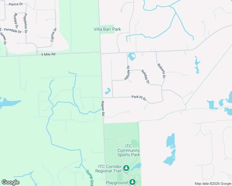map of restaurants, bars, coffee shops, grocery stores, and more near 51240 Park Place Drive in Northville