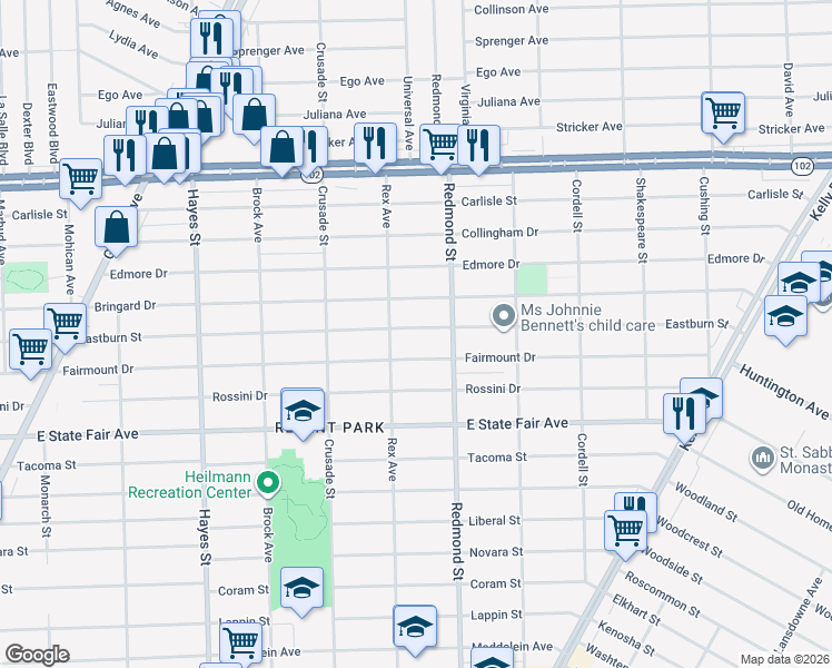 map of restaurants, bars, coffee shops, grocery stores, and more near 15848 Eastburn Street in Detroit
