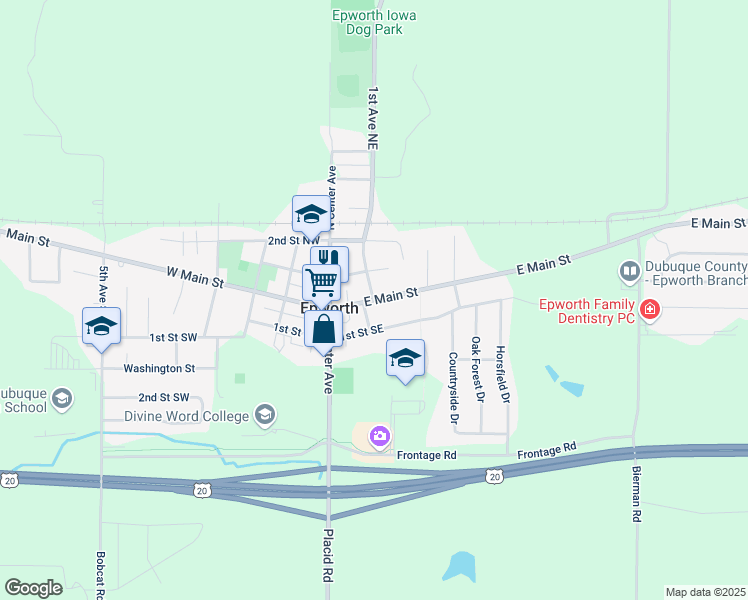 map of restaurants, bars, coffee shops, grocery stores, and more near 100 1st Avenue Northeast in Epworth