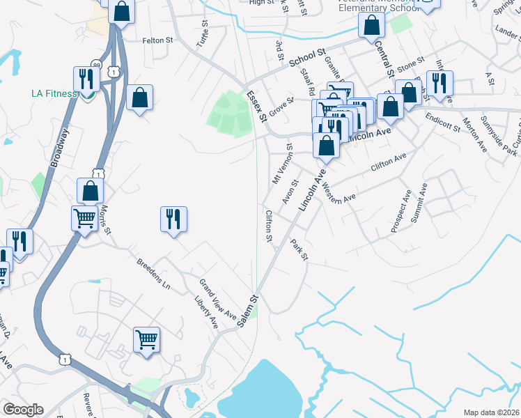 map of restaurants, bars, coffee shops, grocery stores, and more near 28 Laurel Street in Saugus