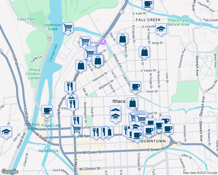 map of restaurants, bars, coffee shops, grocery stores, and more near 214 2nd Street in Ithaca