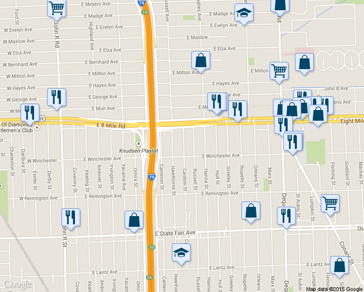 map of restaurants, bars, coffee shops, grocery stores, and more near 20445 Cardoni St in Highland Park