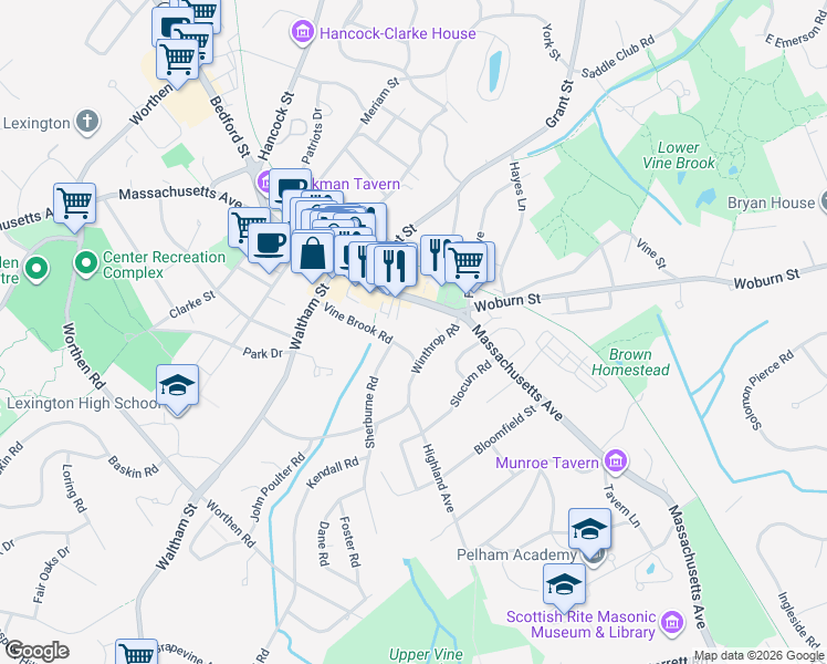 map of restaurants, bars, coffee shops, grocery stores, and more near 30 Vine Brook Road in Lexington