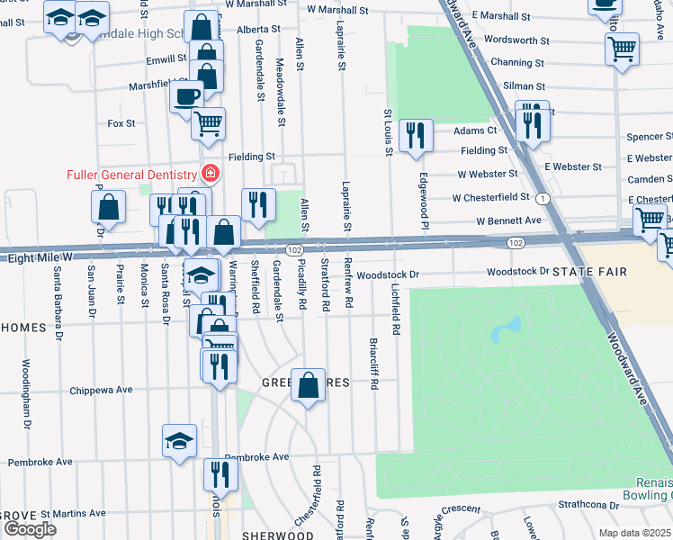 map of restaurants, bars, coffee shops, grocery stores, and more near 3330 Woodstock Drive in Detroit