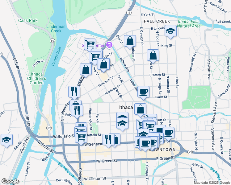 map of restaurants, bars, coffee shops, grocery stores, and more near 214 2nd Street in Ithaca
