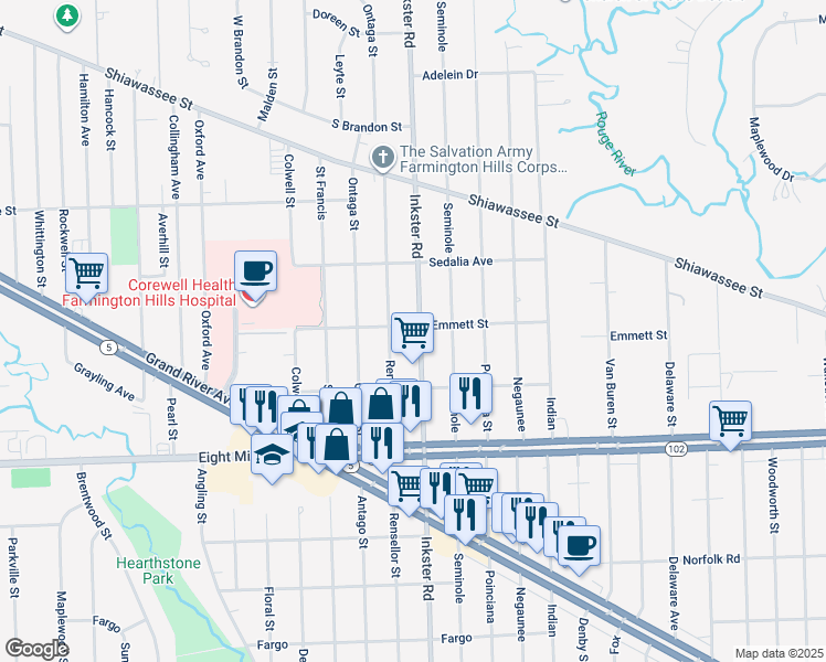 map of restaurants, bars, coffee shops, grocery stores, and more near 21055 Inkster Road in Farmington Hills