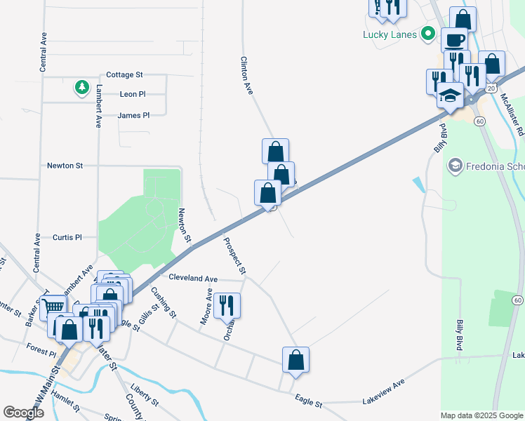 map of restaurants, bars, coffee shops, grocery stores, and more near 241 East Main Street in Fredonia