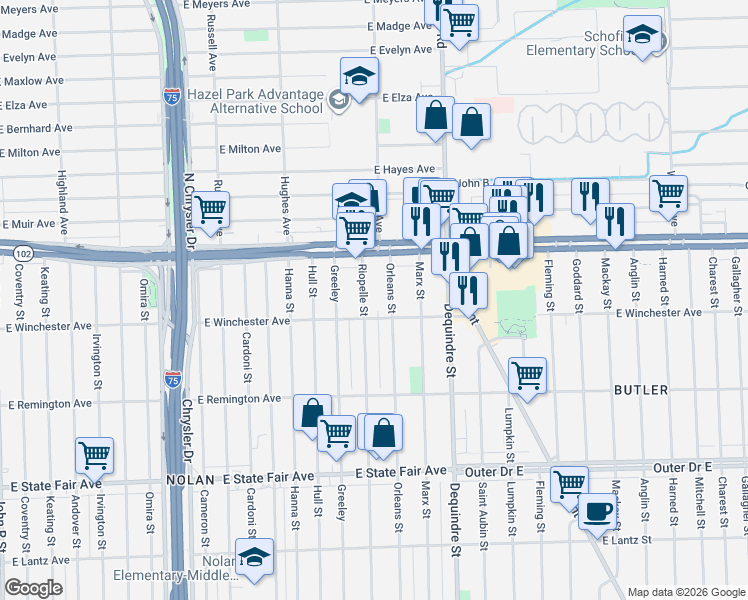 map of restaurants, bars, coffee shops, grocery stores, and more near 20434 Riopelle Street in Highland Park
