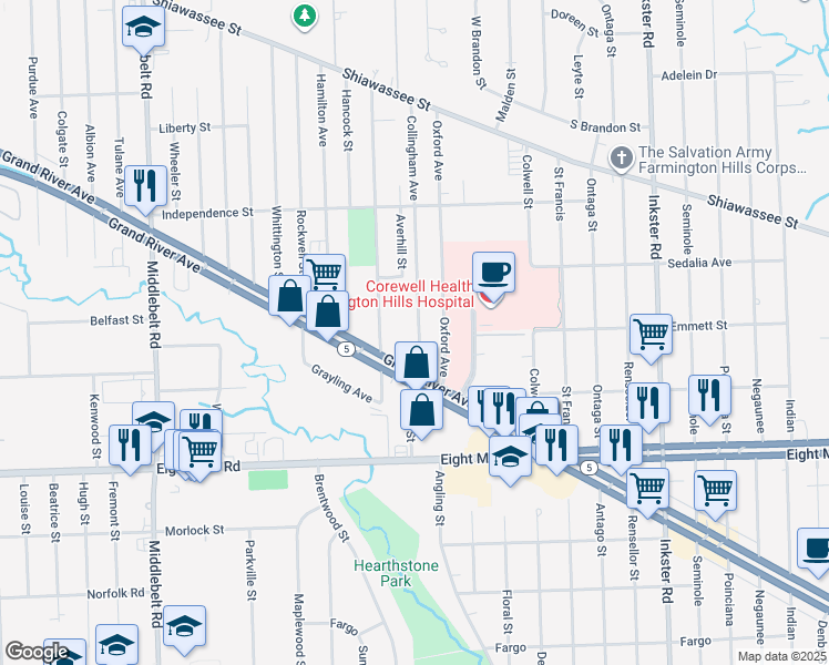 map of restaurants, bars, coffee shops, grocery stores, and more near 21105 Collingham Avenue in Farmington Hills