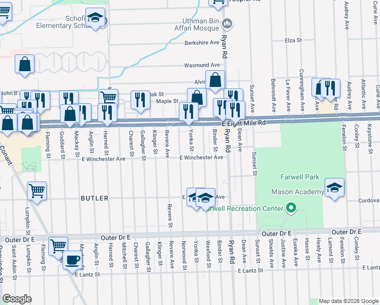 map of restaurants, bars, coffee shops, grocery stores, and more near 20419 Yonka Street in Detroit