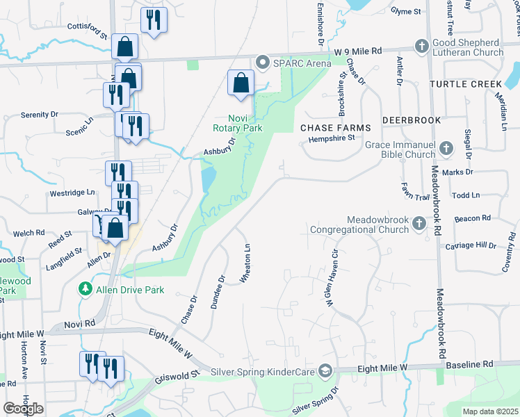 map of restaurants, bars, coffee shops, grocery stores, and more near 21452 Chase Drive in Novi