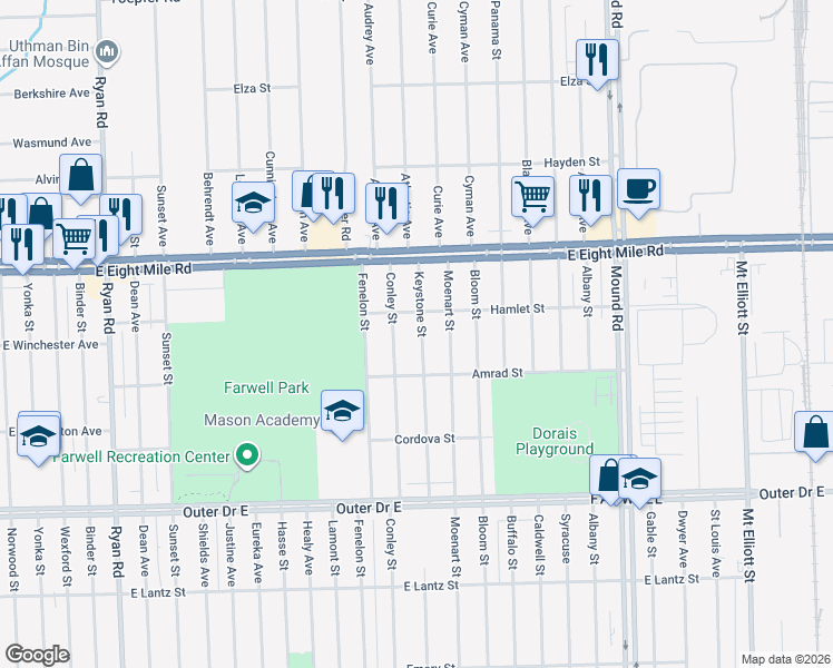 map of restaurants, bars, coffee shops, grocery stores, and more near 20283 Keystone St in Detroit