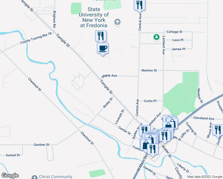 map of restaurants, bars, coffee shops, grocery stores, and more near 171 Temple Street in Fredonia
