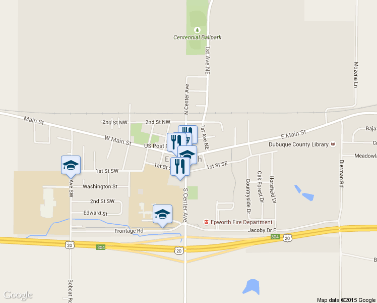map of restaurants, bars, coffee shops, grocery stores, and more near 104 North Center Avenue in Epworth