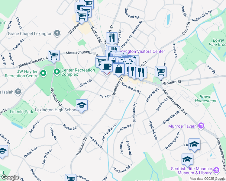 map of restaurants, bars, coffee shops, grocery stores, and more near 125 Waltham Street in Lexington