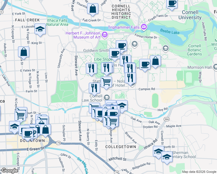 map of restaurants, bars, coffee shops, grocery stores, and more near 110 Ho Plaza in Ithaca