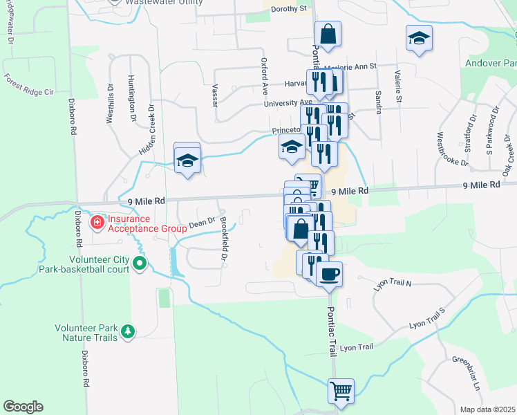 map of restaurants, bars, coffee shops, grocery stores, and more near 22250 Swan Street in South Lyon