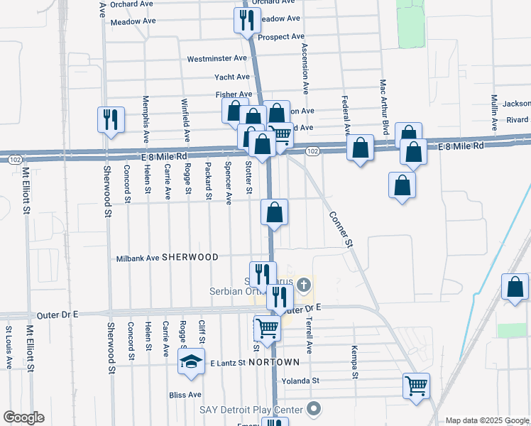 map of restaurants, bars, coffee shops, grocery stores, and more near 20231 Van Dyke Avenue in Detroit