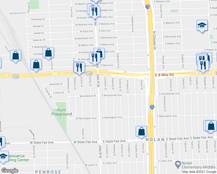 map of restaurants, bars, coffee shops, grocery stores, and more near 20458 Coventry St in Highland Park