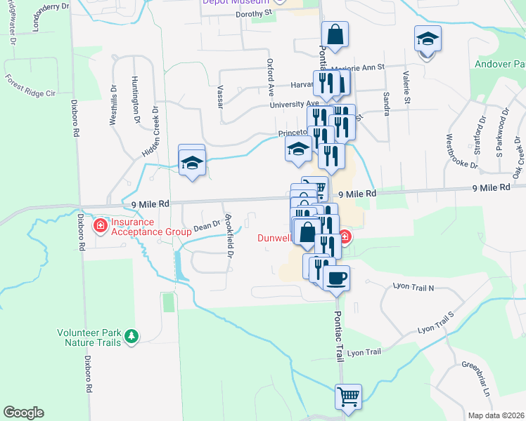 map of restaurants, bars, coffee shops, grocery stores, and more near 22371 Swan Street in South Lyon