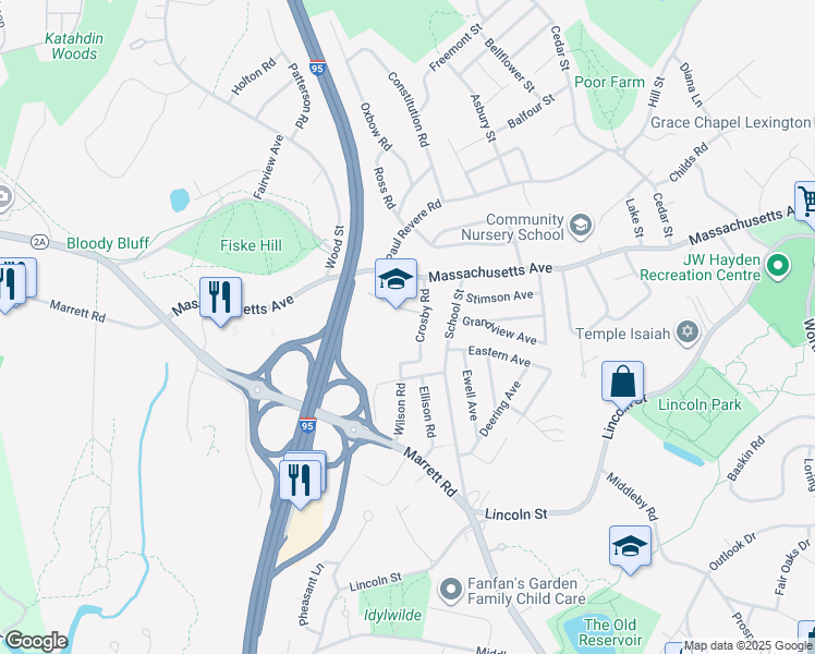 map of restaurants, bars, coffee shops, grocery stores, and more near 10 Crosby Road in Lexington