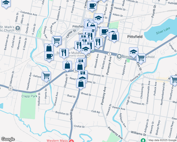 map of restaurants, bars, coffee shops, grocery stores, and more near 139 South Street in Pittsfield