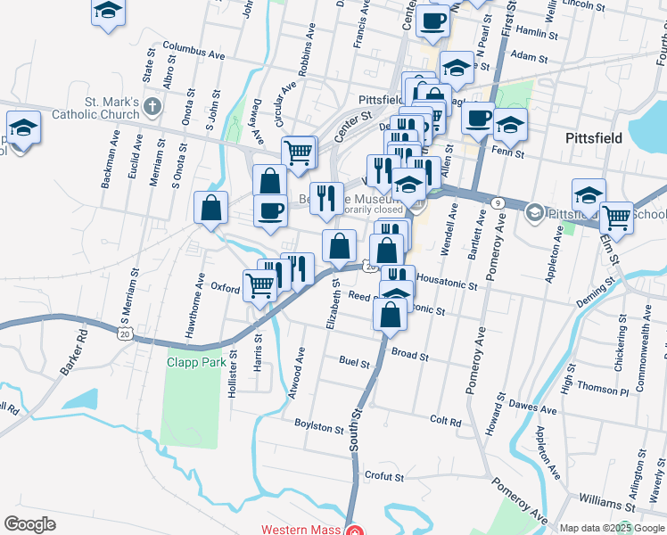 map of restaurants, bars, coffee shops, grocery stores, and more near 10 Worthington Street in Pittsfield