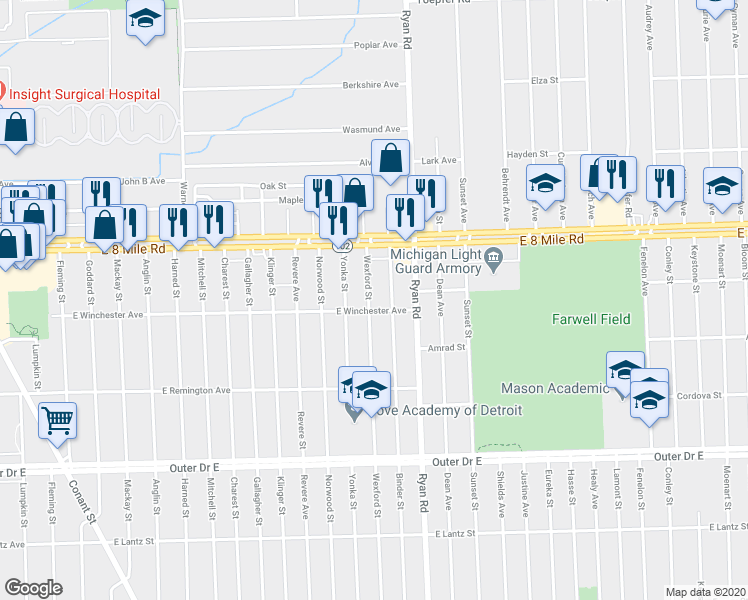 map of restaurants, bars, coffee shops, grocery stores, and more near 20410 Wexford Street in Detroit