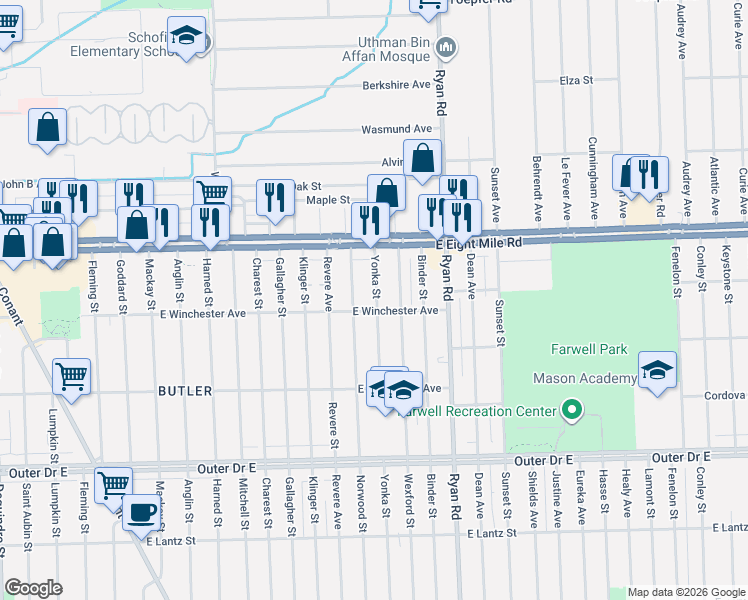 map of restaurants, bars, coffee shops, grocery stores, and more near 20419 Yonka Street in Detroit