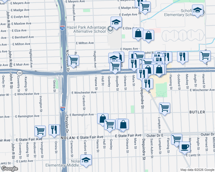 map of restaurants, bars, coffee shops, grocery stores, and more near 20440 Greeley in Detroit